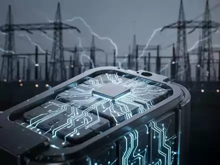 Nahaufnahme einer modernen Batteriezelle mit blauer Leuchtkraft, im Hintergrund verschwommen eine Stromnetzinfrastruktur. - Foto: über boerse-global.de