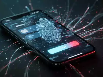 A smartphone screen showing a distorted, holographic payment interface with digital light trails, representing NFC attacks and mobile payment fraud. - Foto: über boerse-global.de