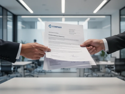 Hände tauschen Dokumente vor einem unscharfen Bürohintergrund aus, symbolisierend einen Offboarding-Prozess. - Foto: über boerse-global.de