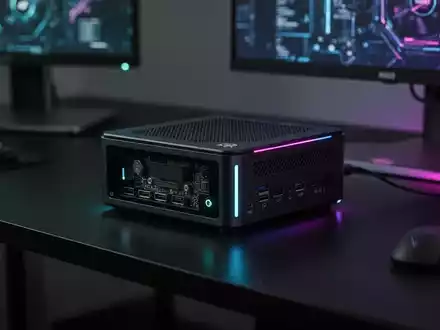 Ein schlanker, kompakter Gaming-PC (NUC) mit subtilen RGB-Beleuchtungsakzenten auf einem modernen, minimalistischen Schreibtisch. - Foto: über boerse-global.de