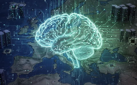 A glowing digital brain made of circuits and data streams, superimposed on a map of Europe, symbolizing digital sovereignty. - Foto: über boerse-global.de