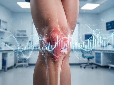 Ein menschliches Kniegelenk, umgeben von abstrakten, fließenden digitalen Linien und Datenvisualisierungen in einem medizinischen Umfeld. - Foto: über boerse-global.de