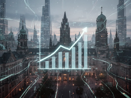 A stylized cityscape with digital data flows, representing Germany's growing startup ecosystem and technological innovation. - Foto: über boerse-global.de