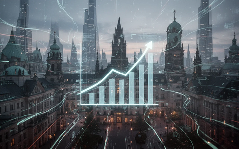 A stylized cityscape with digital data flows, representing Germany's growing startup ecosystem and technological innovation. - Foto: über boerse-global.de