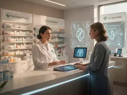 A pharmacist assisting a patient at a digital counter, symbolizing modern healthcare and pharmacy digitalization. - Foto: über boerse-global.de