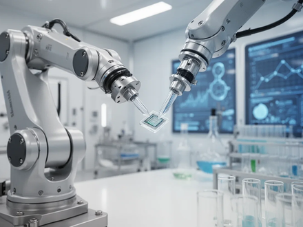 A robotic arm in a modern chemical or pharmaceutical factory, symbolizing digitalization and automation in industry. - Foto: über boerse-global.de