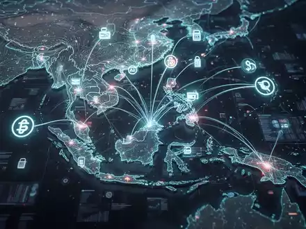 A glowing neural network with digital payment icons overlaid on a map of Southeast Asia, representing AI in finance. - Foto: über boerse-global.de