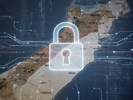 Digital padlock icon over a blurred map of Gaza with data lines, symbolizing a data breach affecting the UN World Food Programme. - Foto: über boerse-global.de