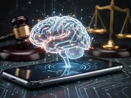 A stylized AI brain on a smartphone screen, with a subtle legal gavel in the background, representing a tech lawsuit settlement. - Foto: über boerse-global.de