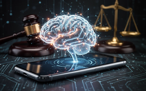 A stylized AI brain on a smartphone screen, with a subtle legal gavel in the background, representing a tech lawsuit settlement. - Foto: über boerse-global.de