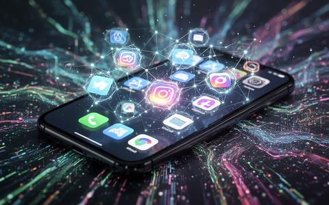A smartphone screen with app icons, some illuminated by an AI network, against a vibrant digital background representing growth. - Foto: über boerse-global.de