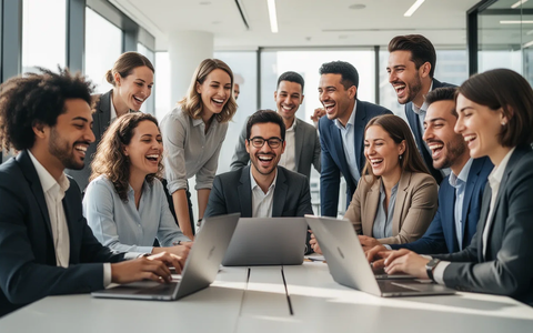 Eine Gruppe lachender und zusammenarbeitender Fachkräfte in einem modernen, hellen Büro, die positive Energie und Teamwork ausstrahlt. - Foto: über boerse-global.de