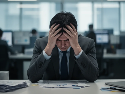 Eine Person sitzt am Schreibtisch, den Kopf in den Händen, umgeben von einer unscharfen Büroumgebung, die Überforderung symbolisiert. - Foto: über boerse-global.de