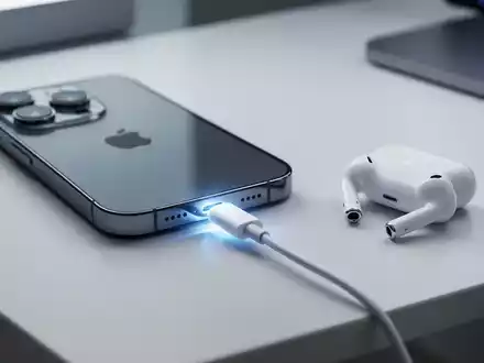 An iPhone 15 Pro Max connected to AirPods Pro via a USB-C cable, illustrating reverse charging capabilities. - Foto: über boerse-global.de