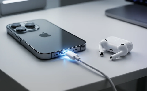 An iPhone 15 Pro Max connected to AirPods Pro via a USB-C cable, illustrating reverse charging capabilities. - Foto: über boerse-global.de