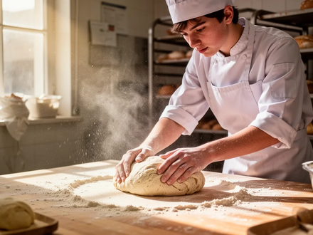 Ein junger Bäckerlehrling in Uniform formt Teig auf einem Holztisch, Sonnenlicht fällt durch ein Fenster. - Foto: über boerse-global.de