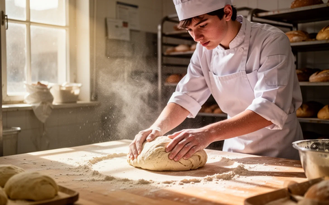 Ein junger Bäckerlehrling in Uniform formt Teig auf einem Holztisch, Sonnenlicht fällt durch ein Fenster. - Foto: über boerse-global.de