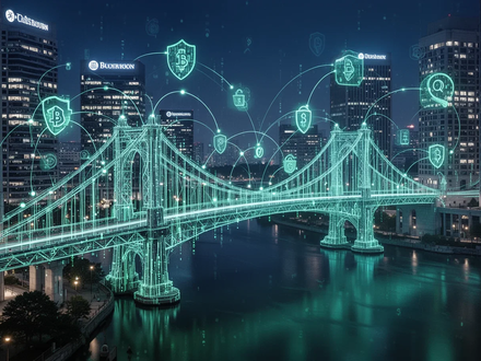 A digital bridge of glowing data lines connecting modern financial buildings, symbolizing a tokenized deposit network and blockchain technology. - Foto: über boerse-global.de