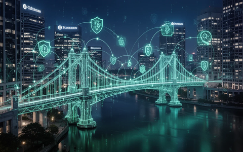 A digital bridge of glowing data lines connecting modern financial buildings, symbolizing a tokenized deposit network and blockchain technology. - Foto: über boerse-global.de