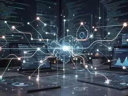 A stylized abstract representation of a digital workspace with glowing lines and interconnected nodes, symbolizing AI-generated web applications. - Foto: über boerse-global.de