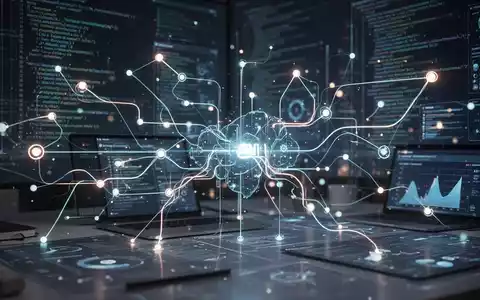 A stylized abstract representation of a digital workspace with glowing lines and interconnected nodes, symbolizing AI-generated web applications. - Foto: über boerse-global.de