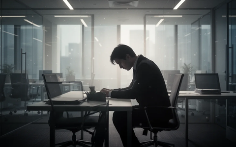 Eine Person sitzt allein an einem Schreibtisch in einem Büro, den Kopf gesenkt, umgeben von einem subtilen Licht. - Foto: über boerse-global.de
