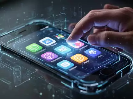 A hand interacts with a smartphone displaying futuristic productivity app icons, representing new Android tools and features. - Foto: über boerse-global.de