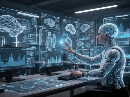 Ein futuristisches digitales Designstudio mit holografischen Schnittstellen, die 3D-Modelle und Datenvisualisierungen zeigen. - Foto: über boerse-global.de