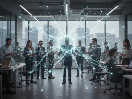 Eine futuristische Darstellung, in der leuchtende Linien abstrakte menschliche Figuren in einer Büroumgebung verbinden, symbolisch für KI und Arbeitsplätze. - Foto: über boerse-global.de