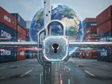 Eine stilisierte digitale Barriere mit leuchtenden Datenströmen, die regulatorische Hürden und Zollvorschriften darstellt. Im Hintergrund unscharfe Frachtcontainer und ein Globus. - Foto: über boerse-global.de