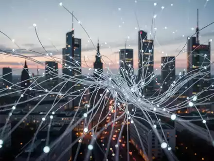Ein stilisiertes, leuchtendes Glasfaserkabelnetz überlagert eine verschwommene deutsche Stadtlandschaft in der Dämmerung. - Foto: über boerse-global.de