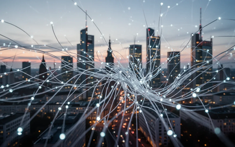 Ein stilisiertes, leuchtendes Glasfaserkabelnetz überlagert eine verschwommene deutsche Stadtlandschaft in der Dämmerung. - Foto: über boerse-global.de
