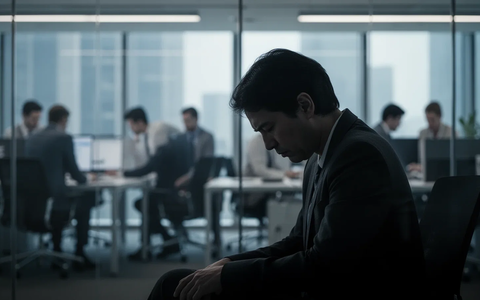 Eine nachdenkliche Person sitzt in einem modernen Büro, die Hände vor dem Kopf, umgeben von verschwommenen Kollegen, was Stress und Burnout am Arbeitsplatz symbolisiert. - Foto: über boerse-global.de