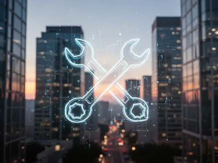 Ein stilisiertes, leuchtendes digitales Werkzeug-Icon-Set vor dem Hintergrund moderner Bürogebäude in der Dämmerung. - Foto: über boerse-global.de