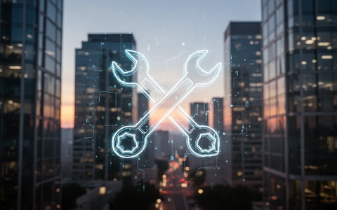Ein stilisiertes, leuchtendes digitales Werkzeug-Icon-Set vor dem Hintergrund moderner Bürogebäude in der Dämmerung. - Foto: über boerse-global.de
