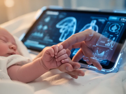 Eine kleine Babyhand umklammert einen Erwachsenenfinger, im Hintergrund ein unscharfes Tablet mit Telemedizin-Interface. - Foto: über boerse-global.de