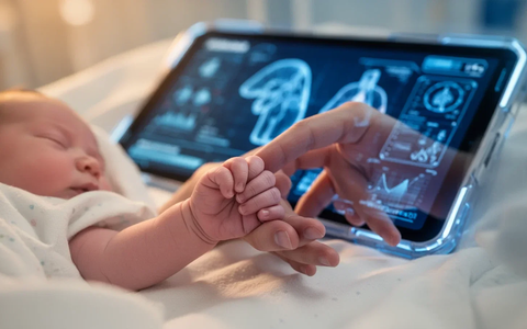 Eine kleine Babyhand umklammert einen Erwachsenenfinger, im Hintergrund ein unscharfes Tablet mit Telemedizin-Interface. - Foto: über boerse-global.de