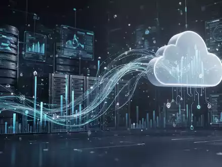 Abstract representation of data flow and optimization, suggesting digital storage management and cloud migration for Outlook PST files. - Foto: über boerse-global.de