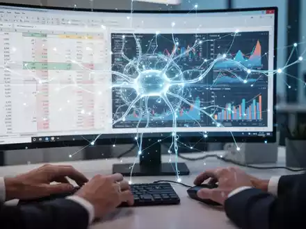 Ein futuristisches KI-Netzwerk überlagert eine Excel-Tabelle mit Diagrammen und Grafiken auf einem Computerbildschirm. - Foto: über boerse-global.de