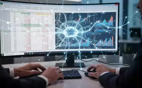 Ein futuristisches KI-Netzwerk überlagert eine Excel-Tabelle mit Diagrammen und Grafiken auf einem Computerbildschirm. - Foto: über boerse-global.de
