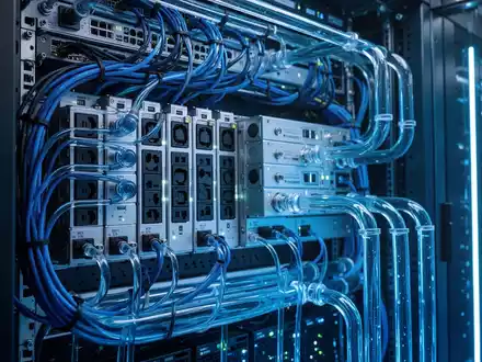 A close-up of a futuristic data center rack with glowing blue lights, intricate cabling, and advanced liquid cooling systems. - Foto: über boerse-global.de