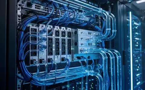 A close-up of a futuristic data center rack with glowing blue lights, intricate cabling, and advanced liquid cooling systems. - Foto: über boerse-global.de