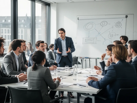 Eine vielfältige Gruppe von Fachleuten in einem modernen Seminarraum in Köln, die sich aktiv an einer Diskussion beteiligt. - Foto: über boerse-global.de