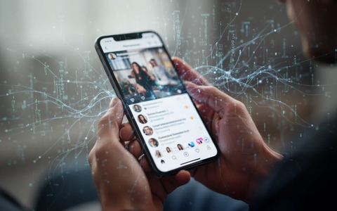 Hände halten ein Smartphone mit einem verschwommenen Social-Media-Feed und abstrakten Datenströmen, die Technologie und mentale Gesundheit verbinden. - Foto: über boerse-global.de