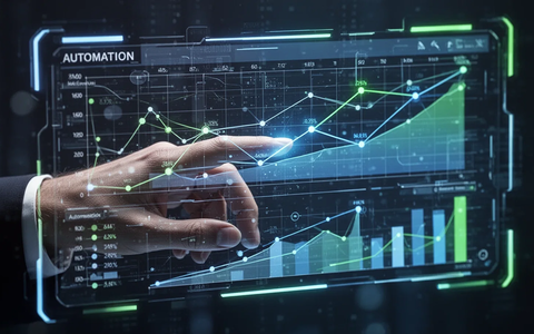 A hand interacting with a holographic spreadsheet interface, displaying data, charts, and automation features. - Foto: über boerse-global.de