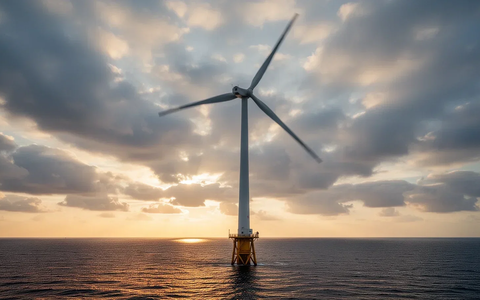Eine riesige Offshore-Windkraftanlage bei Sonnenaufgang mit sich drehenden Rotorblättern über einem ruhigen Meer. - Foto: über boerse-global.de