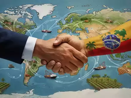 Zwei Hände, eine europäisch, eine südamerikanisch, schütteln sich über einer Weltkarte mit Handelsrouten und Feldern. - Foto: über boerse-global.de