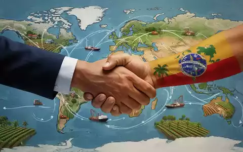 Zwei Hände, eine europäisch, eine südamerikanisch, schütteln sich über einer Weltkarte mit Handelsrouten und Feldern. - Foto: über boerse-global.de