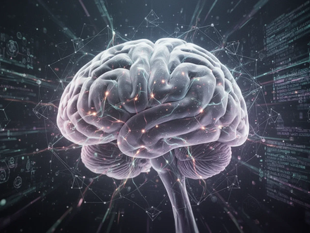 Ein stilisiertes menschliches Gehirn mit leuchtenden neuronalen Pfaden, umgeben von digitalen Datenströmen, die KI-Einfluss symbolisieren. - Foto: über boerse-global.de