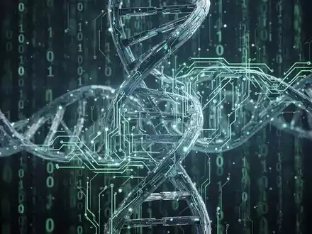 Eine stilisierte Darstellung einer Doppelhelix, die mit digitalen Schaltkreislinien verschlungen ist, vor einem Hintergrund aus leuchtendem Binärcode. - Foto: über boerse-global.de
